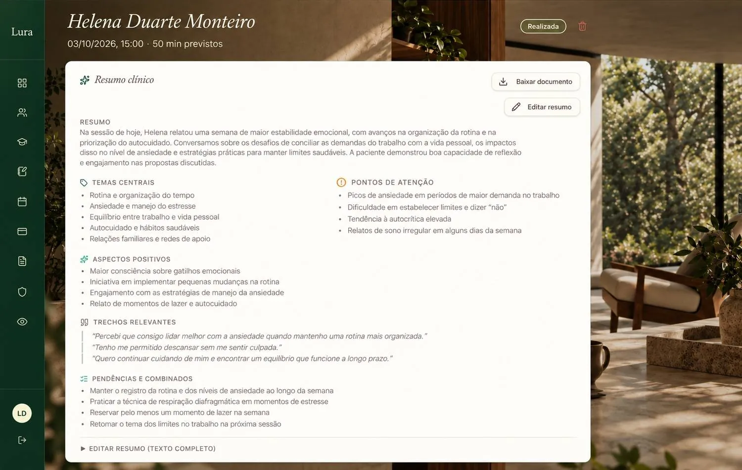 Tela de resumo clínico da Lura