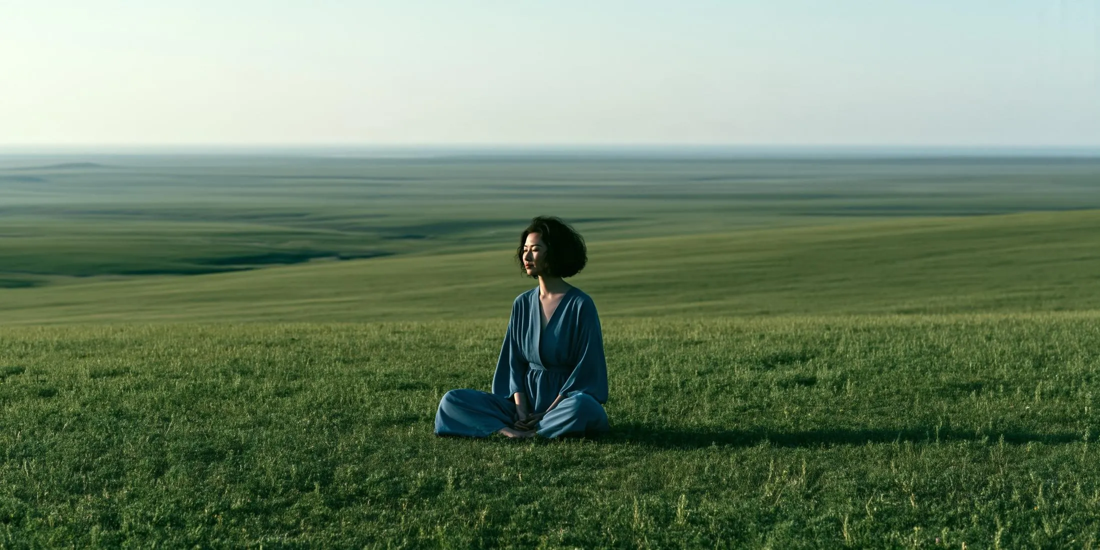 Uma mulher sentada de pernas cruzadas, em silêncio, no meio de um campo verde aberto até o horizonte.